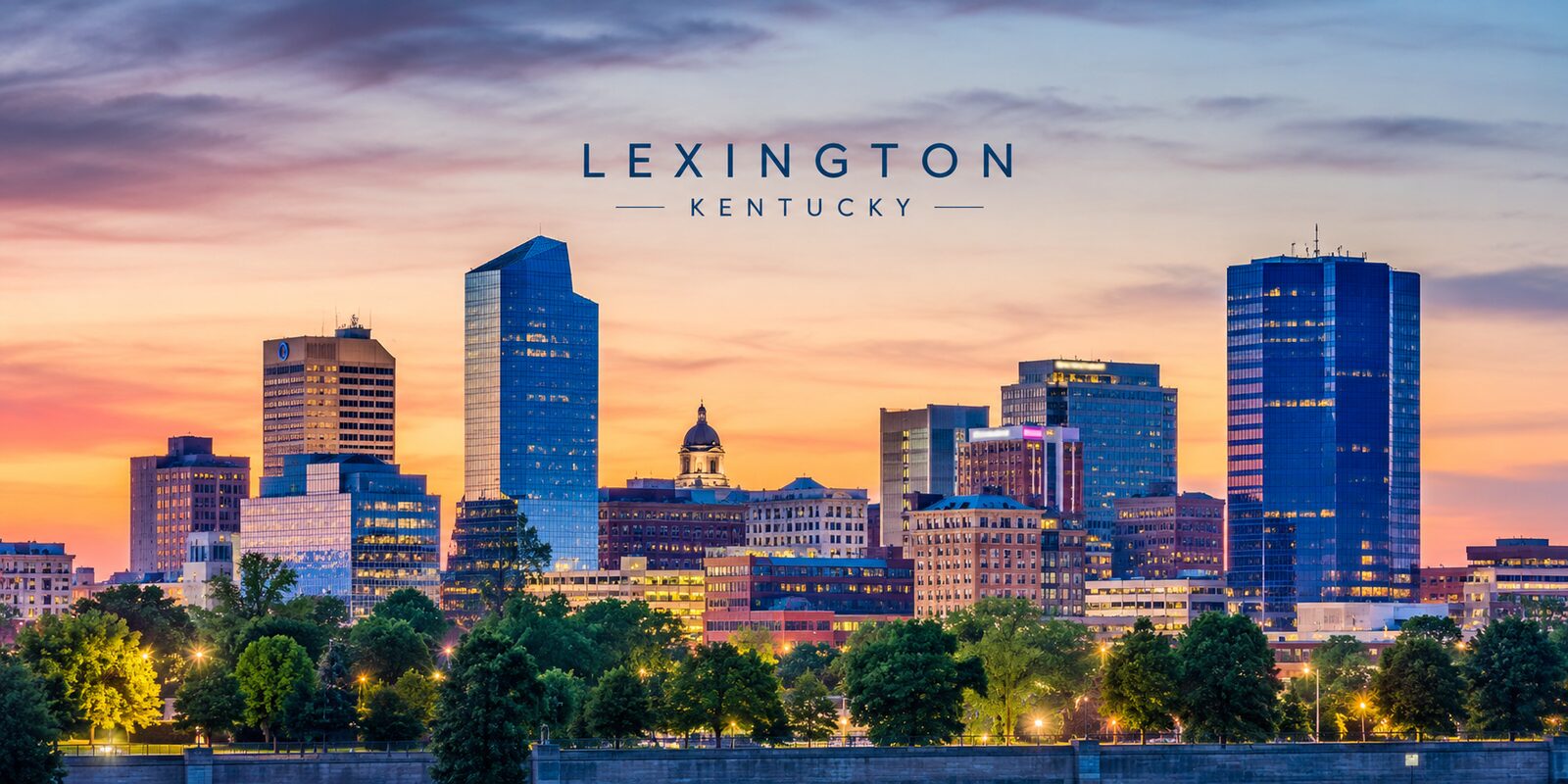 Stylized illustration of the Lexington, Kentucky skyline at sunset