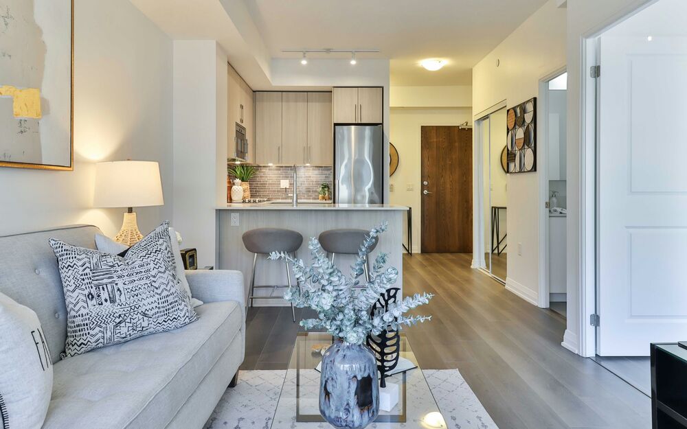 Furnished apartment living room and kitchen ready for a tour